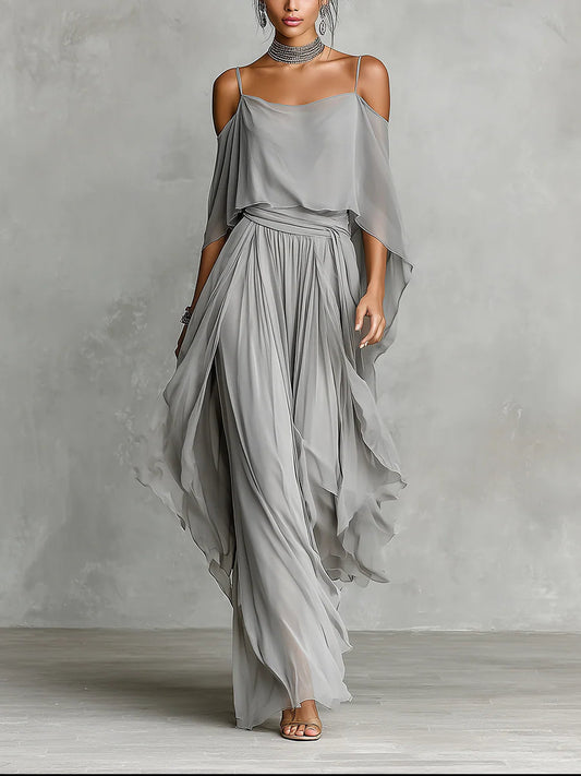 Isabella Grey Off-Shoulder Chiffon Set
