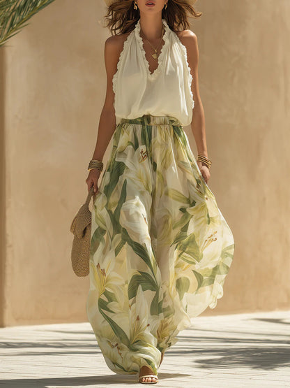 Alessandra - Completo Top Senza Maniche in Chiffon con Volants e Pantaloni con Stampa Lilium