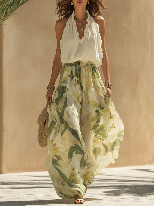 Alessandra - Completo Top Senza Maniche in Chiffon con Volants e Pantaloni con Stampa Lilium