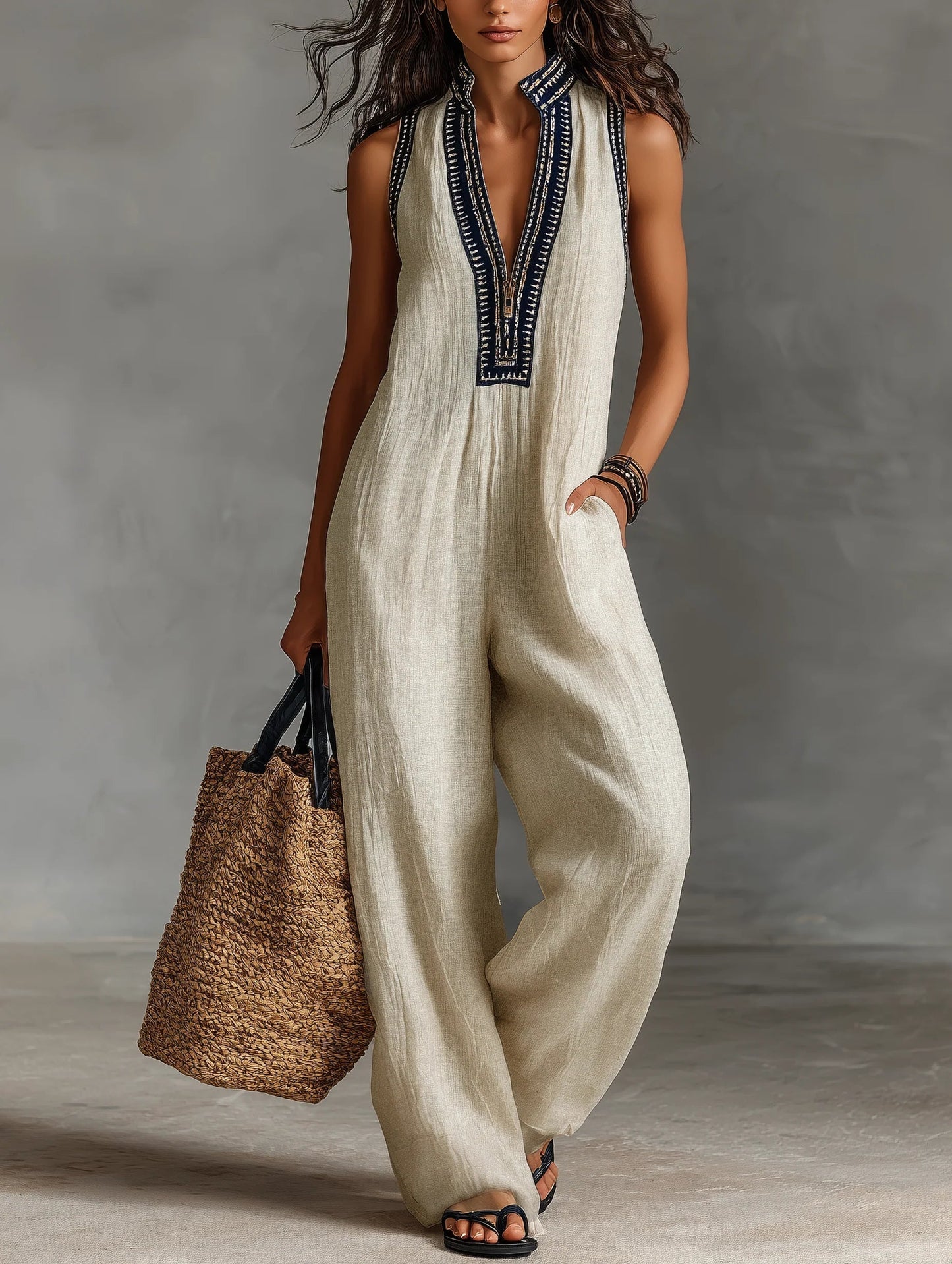 Fiamma Minimalist High Neck Sleeveless Zip Jumpsuit