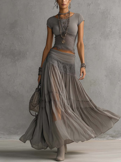 Alba Grey Lace Panel Top & Pleated Maxi Skirt Set