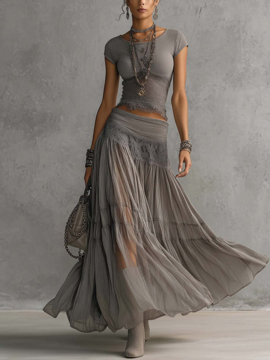 Alba Grey Lace Panel Top & Pleated Maxi Skirt Set