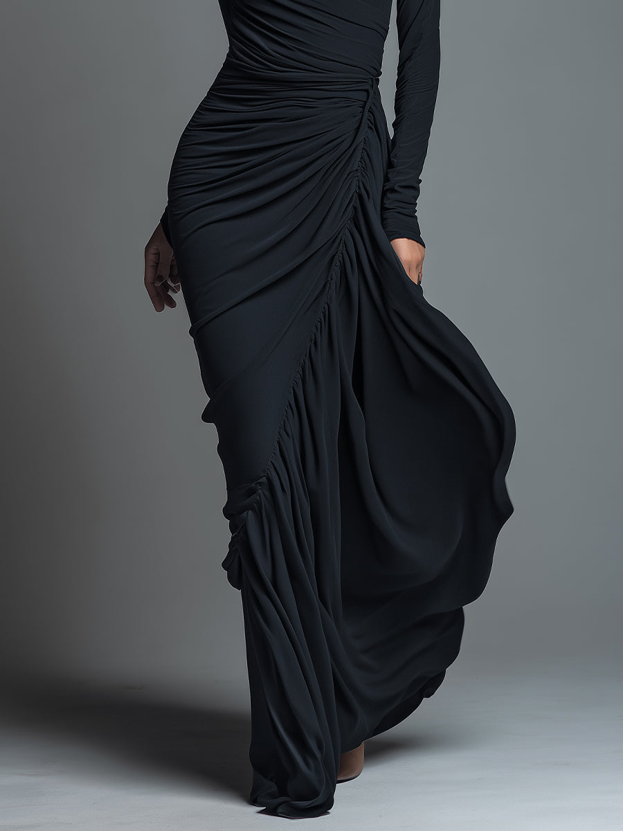 Black Jersey Knit Ruched Maxi Dress