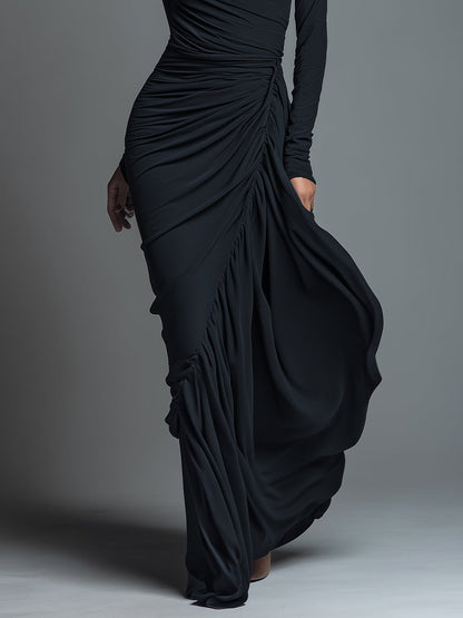 Black Jersey Knit Ruched Maxi Dress