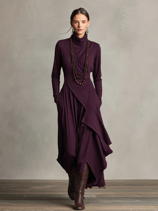 Purple Boho Cotton Turtleneck Asymmetric Draped Maxi Dress