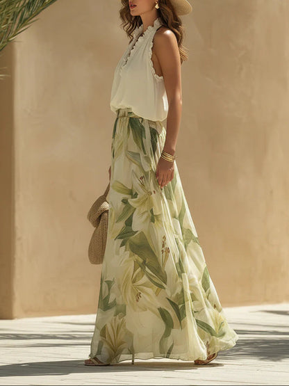 Alessandra - Completo Top Senza Maniche in Chiffon con Volants e Pantaloni con Stampa Lilium