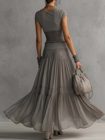 Alba Grey Lace Panel Top & Pleated Maxi Skirt Set
