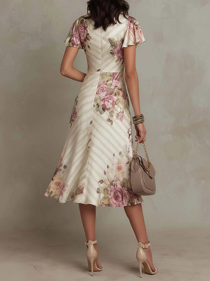 Alba - Elegant Retro Floral Satin Midi Dress