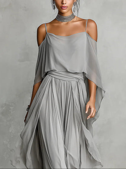 Isabella Grey Off-Shoulder Chiffon Set