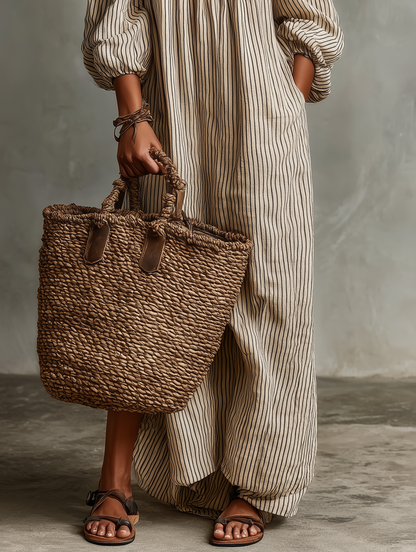 Cotton-Linen Off-Shoulder Long Sleeve Maxi Dress