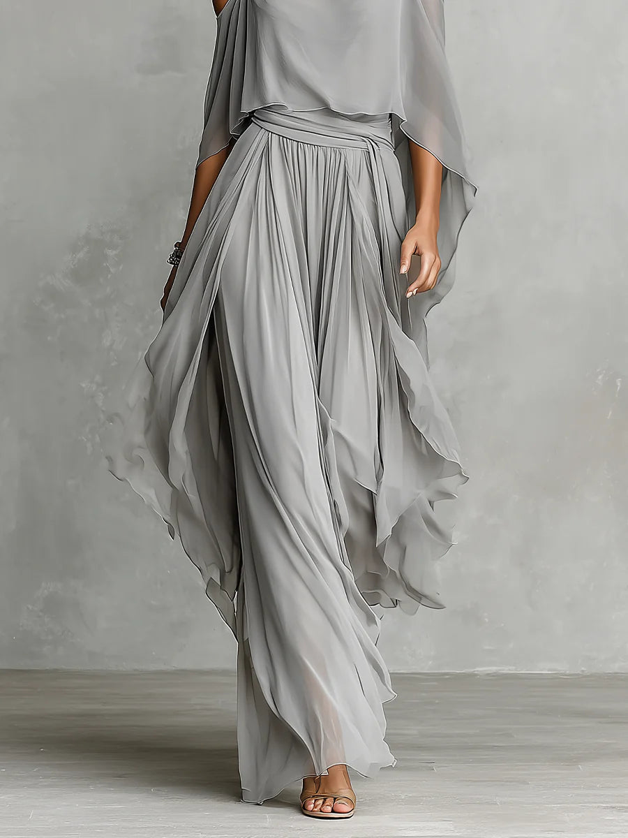 Isabella Grey Off-Shoulder Chiffon Set