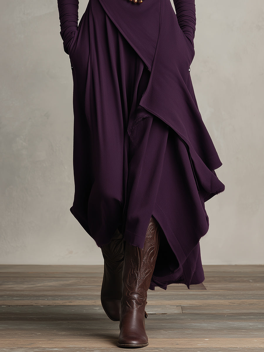 Purple Boho Cotton Turtleneck Asymmetric Draped Maxi Dress