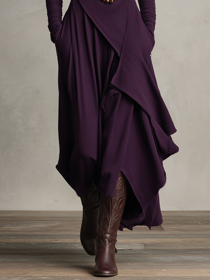 Purple Boho Cotton Turtleneck Asymmetric Draped Maxi Dress