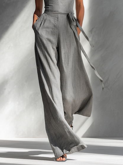 Gray Linen Blend Spaghetti-Strap Square-Neck Tie-Waist Wide-Leg Jumpsuit