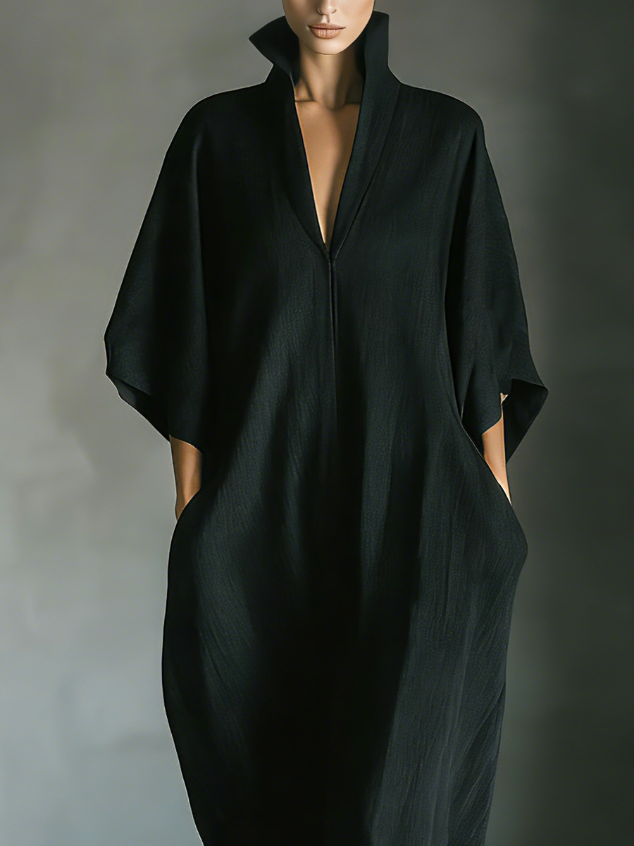 Black Cotton Oversized Kimono Sleeve Maxi Dress
