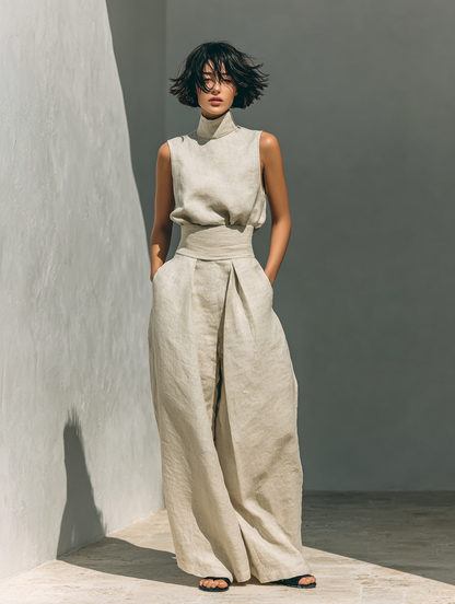 Cotton-Linen Sleeveless Blouse & Wide-Leg Pants Set