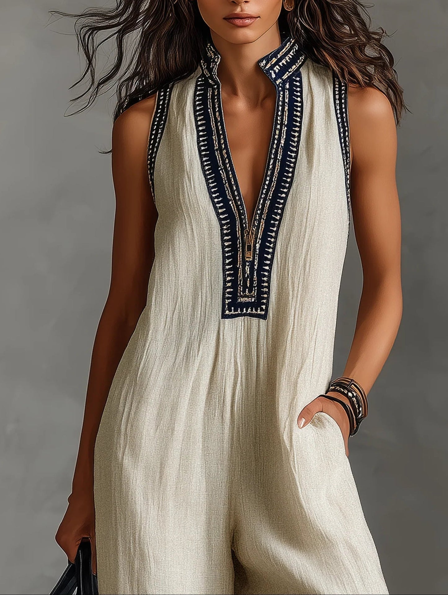 Fiamma Minimalist High Neck Sleeveless Zip Jumpsuit