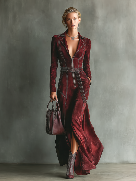 Burgundy Retro Faux Suede Colour-Contrast Maxi Dress