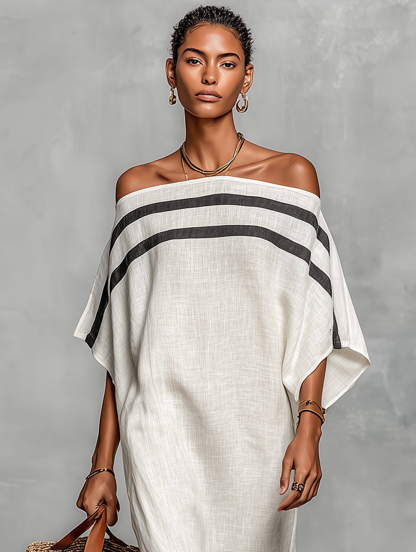 Linen Blend Off-Shoulder Batwing Sleeve Maxi Dress