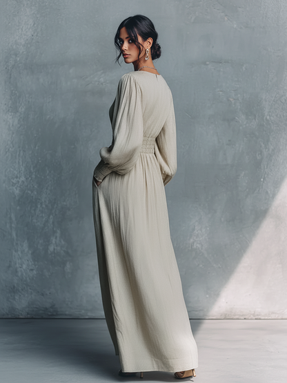 Beige Cotton-Linen Striped V-Neck Shirred Waist Maxi Dress