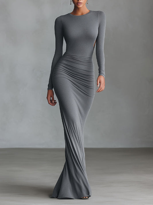 Women's Grey Ruched Open-Back Maxi Dress