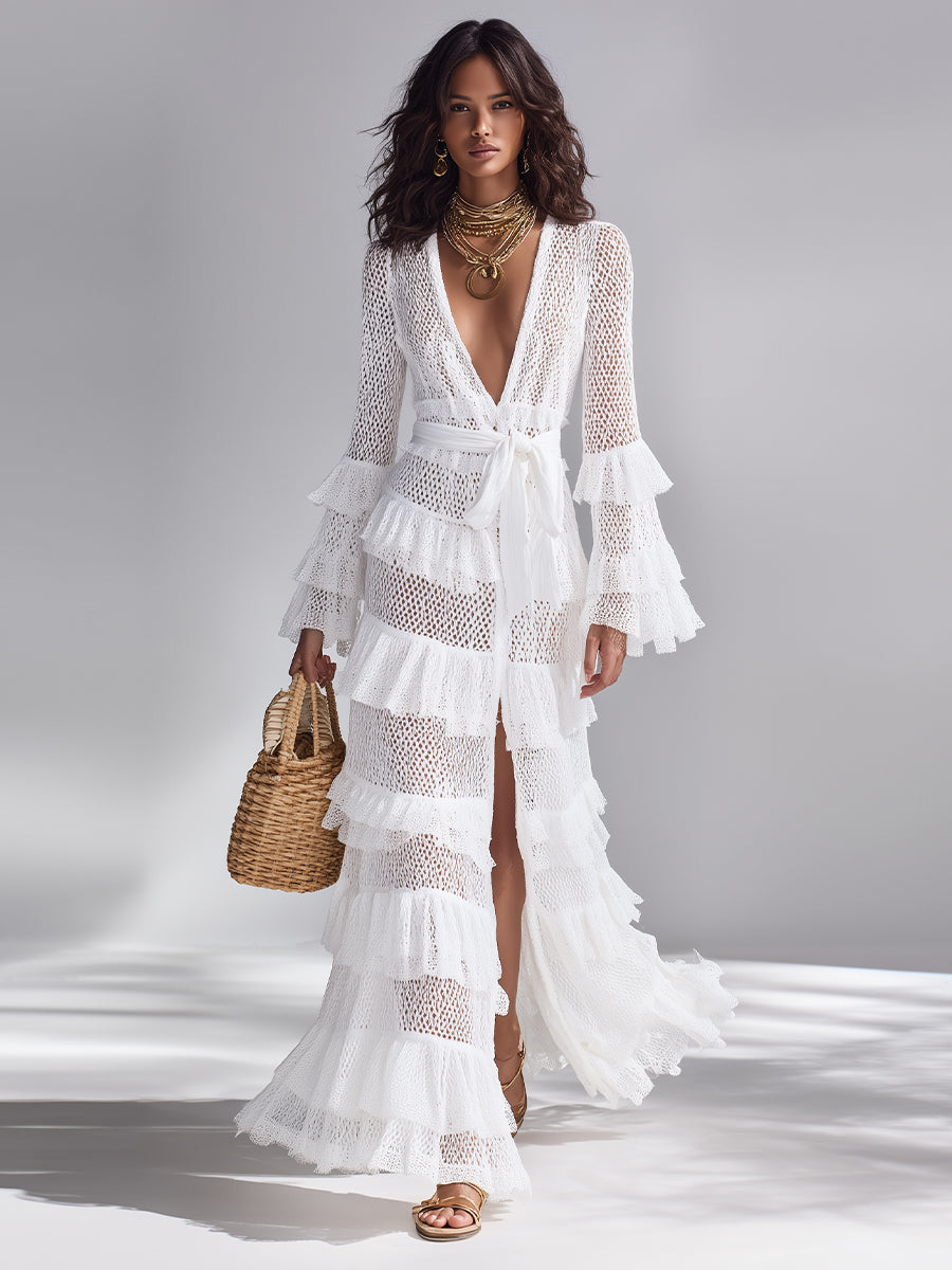 Crochet Deep V-Neck Ruffled Knit Cardigan