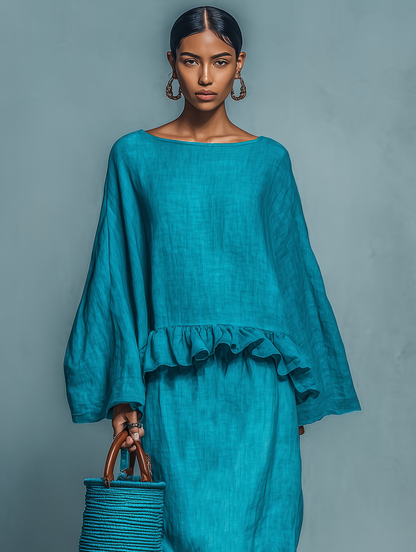 Linen Blend Blouse & Straight Skirt Set