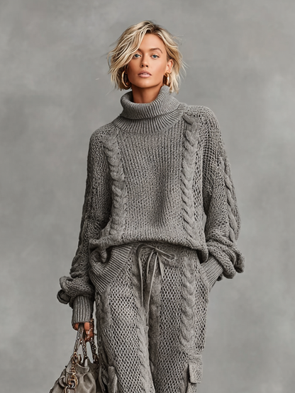 Cable Knit Turtleneck Sweater & Cargo Pants Set