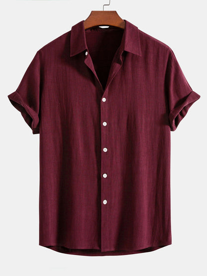 Linen Rayon Blend Button Up Shirt & Crinkle Textured Drawstring 5" Shorts