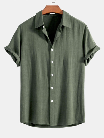 Linen Rayon Blend Button Up Shirt & Crinkle Textured Drawstring 5" Shorts