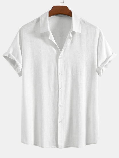Linen Rayon Blend Button Up Shirt & Crinkle Textured Drawstring 5" Shorts