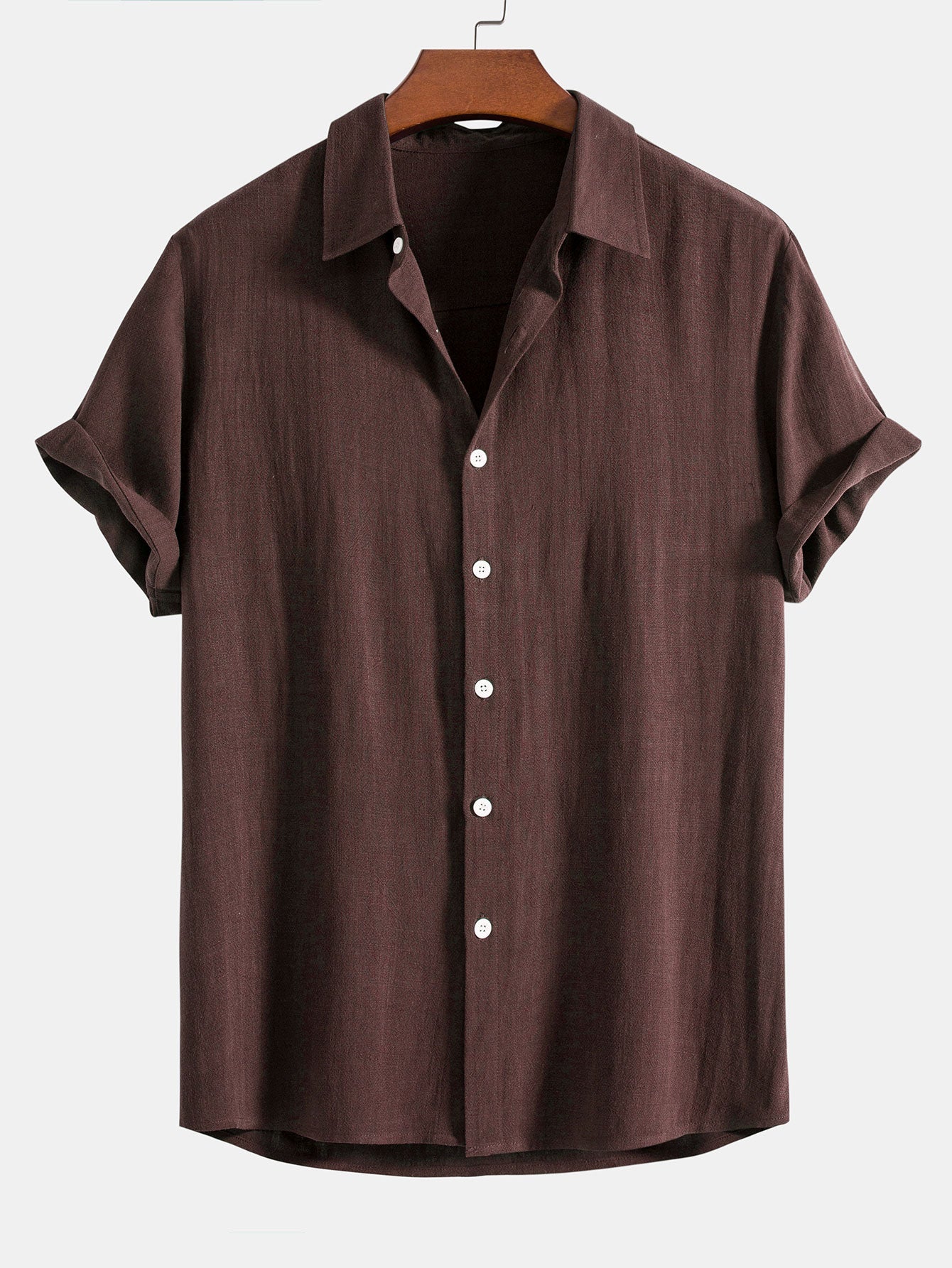 Linen Rayon Blend Button Up Shirt & Crinkle Textured Drawstring 5" Shorts