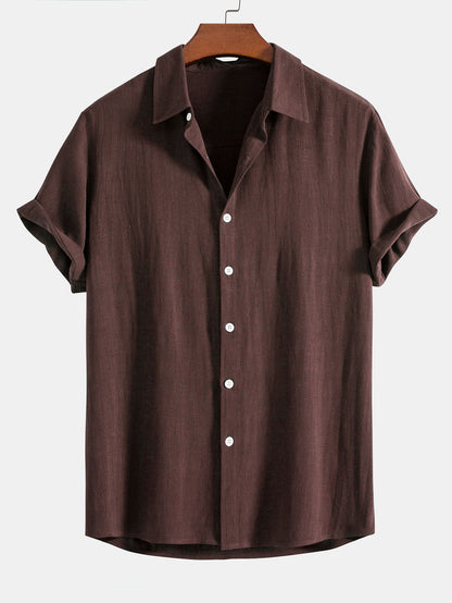 Linen Rayon Blend Button Up Shirt & Crinkle Textured Drawstring 5" Shorts