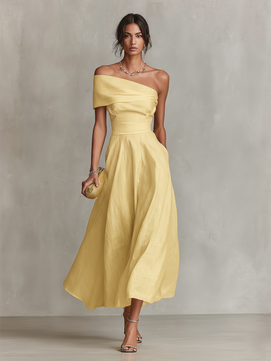 Linen One-Shoulder Fitted Waist Dress