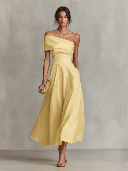 Linen One-Shoulder Fitted Waist Dress