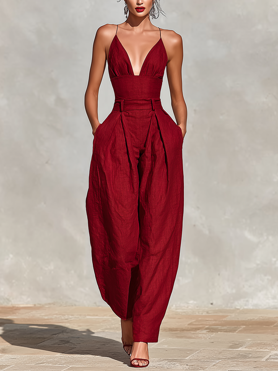 Red Linen Spaghetti Strap High-Waist Jumpsuit