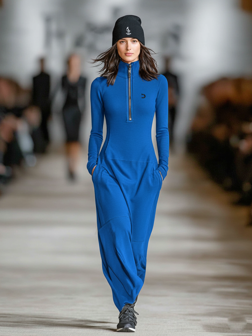 Sports Cotton Half-High Collar Zip Maxi Dress