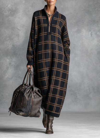 Loose Plaid Zipper Neck Knitted Maxi Dress