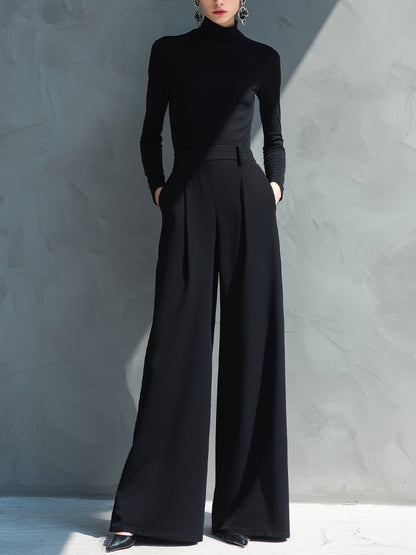 Black Classic Knit Turtleneck Wide-Leg Jumpsuit