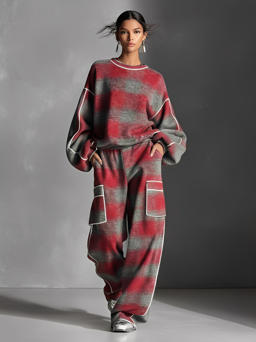 Red & Grey Plaid Colour Block Piping Pantsuit Set