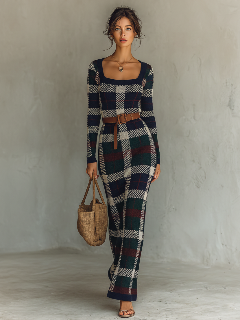 Check Knit Belted Square Neck Maxi Dress