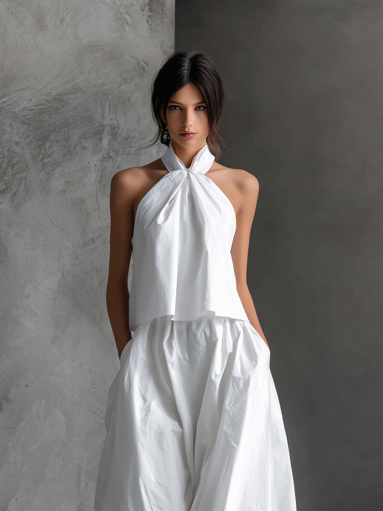 White Cotton-Linen Halter-Neck Top & Skirt Set