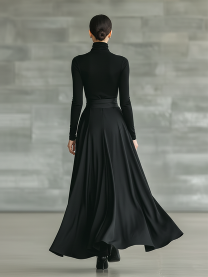 Black High-Neck Knitted & Satin Flared Maxi Dress