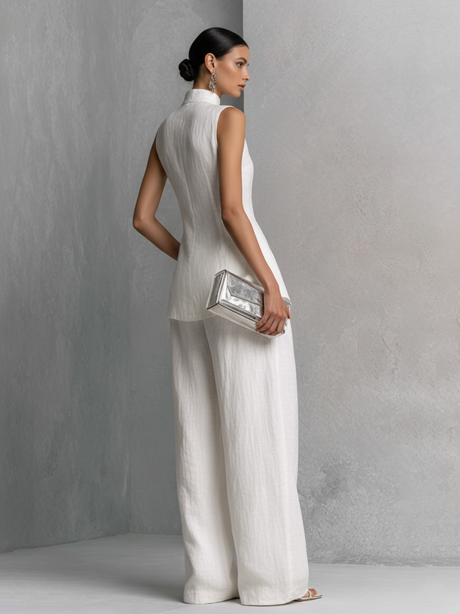 White Cotton-Linen Sleeveless Top & Wide-Leg Pants Set