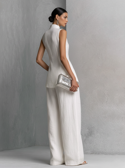 White Cotton-Linen Sleeveless Top & Wide-Leg Pants Set
