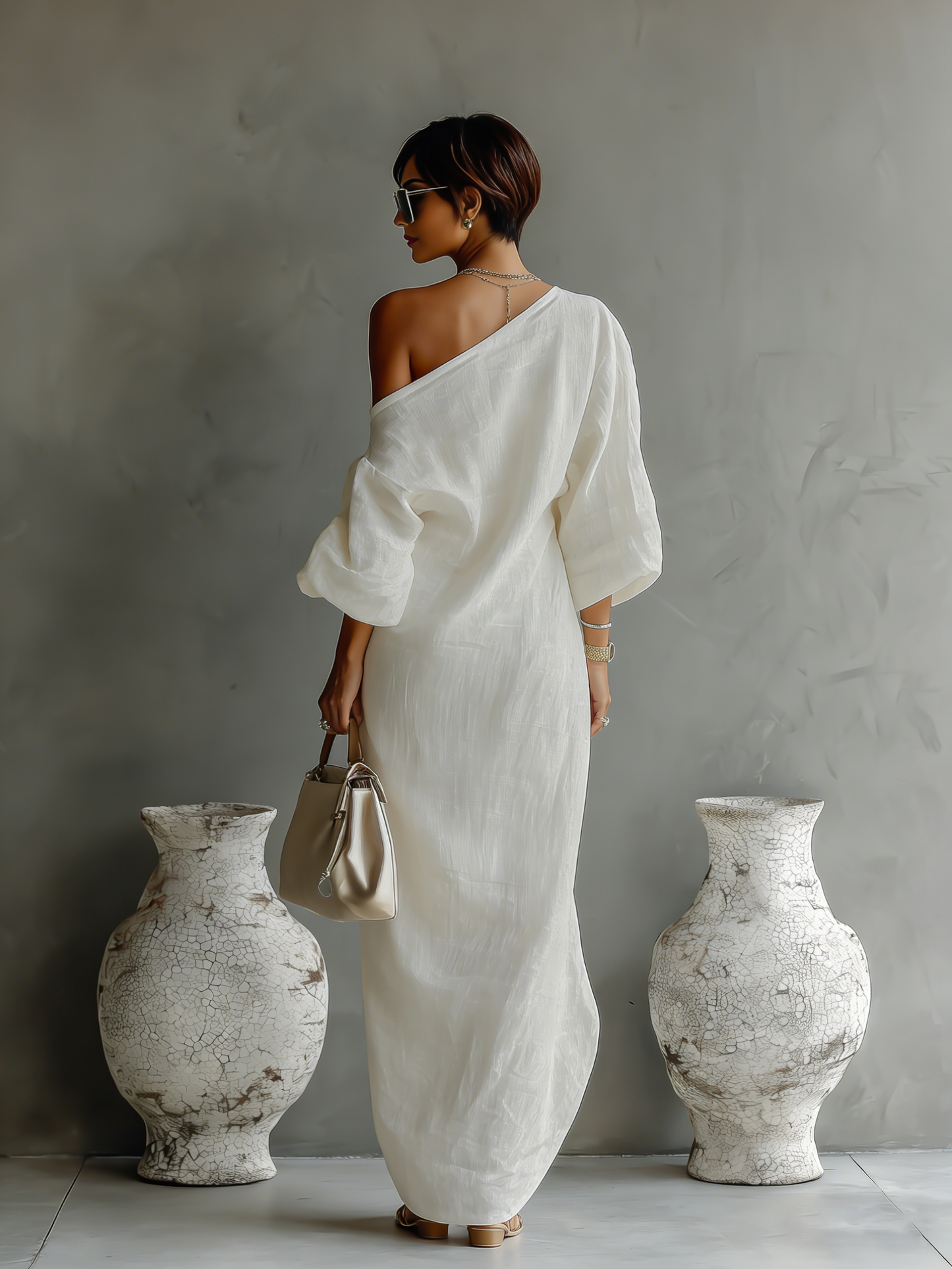 Ivory Cotton-Linen One-Shoulder Flowing Dress