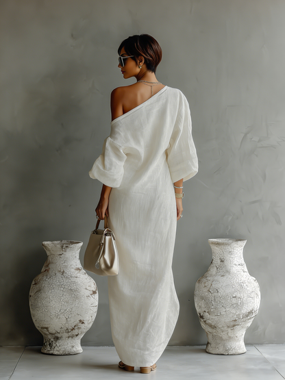 Ivory Cotton-Linen One-Shoulder Flowing Dress