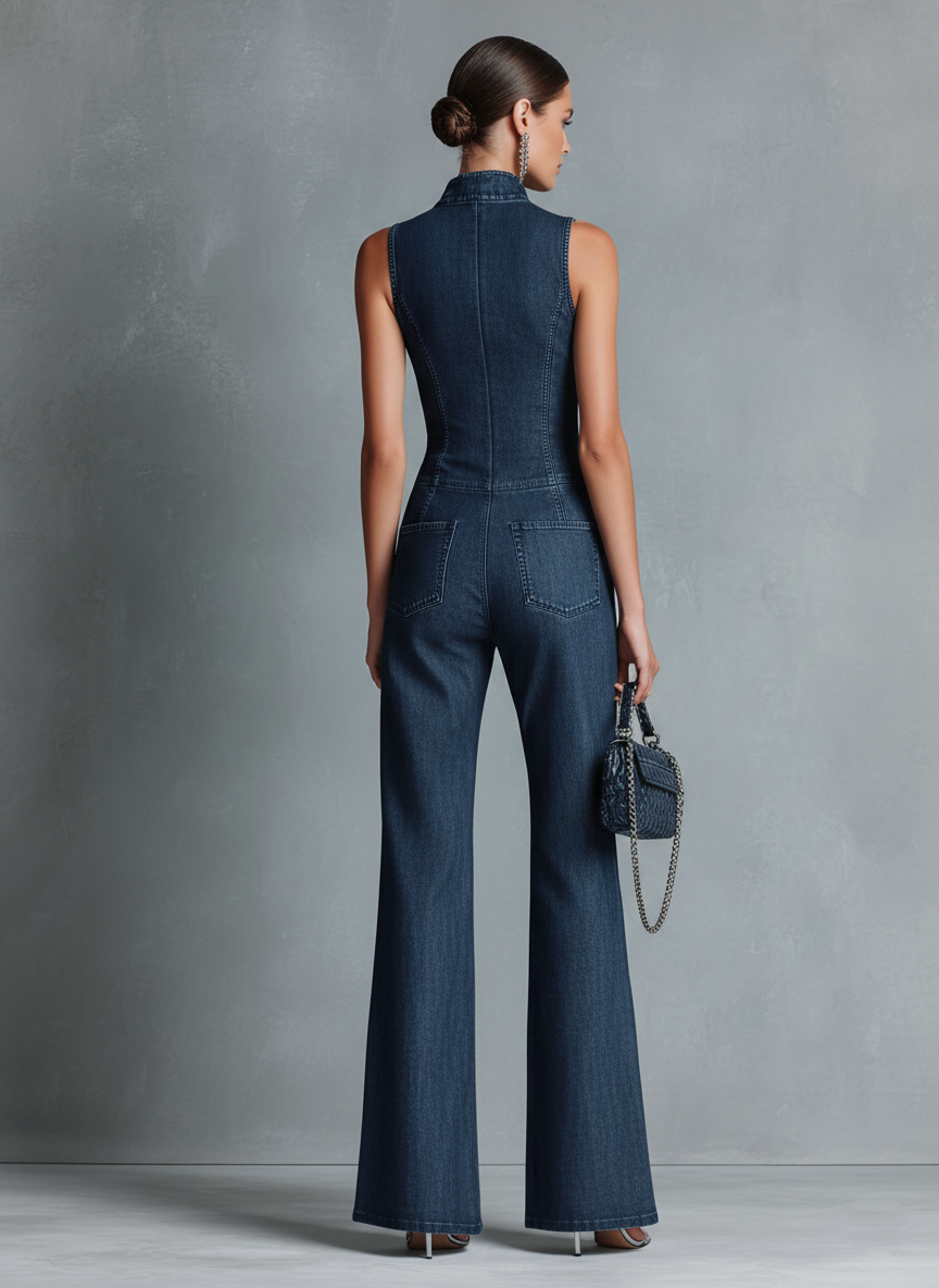 Women’s Retro Denim Flared Jumpsuit