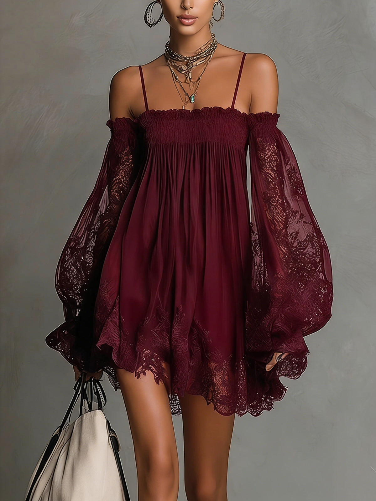 Noemi - Navy blue chiffon mini dress with off-the-shoulder neckline, lace trim and sheer sleeves