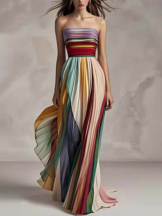 Striped Off-Shoulder Pleated Bandeau Maxi Dress